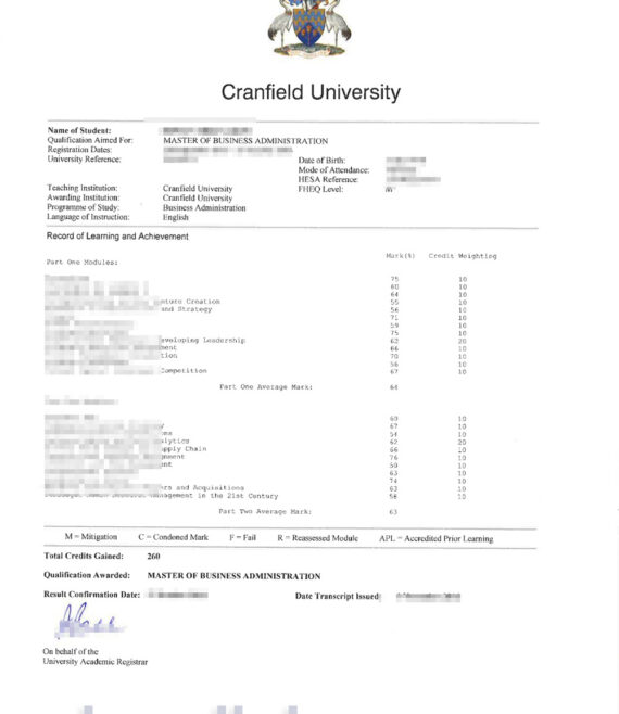 Cranfield UNniversity Record of transcript Learning and Achievement