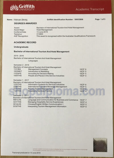 Griffith University Bachelor of International Tourism and Hotel Management Transcript