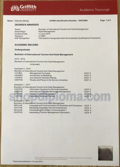 Griffith University Bachelor of International Tourism and Hotel Management Transcript