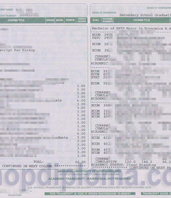 Memorial University of Newfoundland Bachelor of arts Transcript