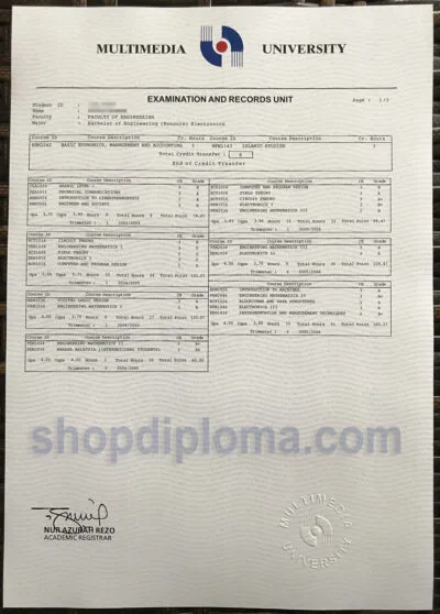 Multimedia University Bachelor of Engineering Honours Electronics Transcript