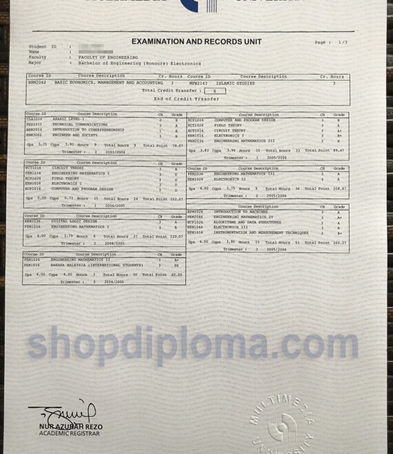 Multimedia University Bachelor of Engineering Honours Electronics Transcript