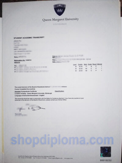 Queen Margaret University The Master of Science in Nursing Degree student academic transcript