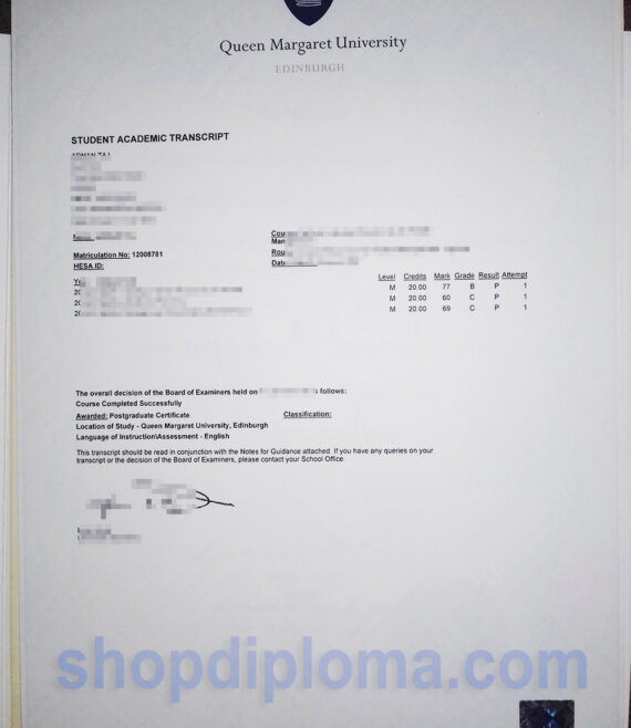 Queen Margaret University The Master of Science in Nursing Degree student academic transcript