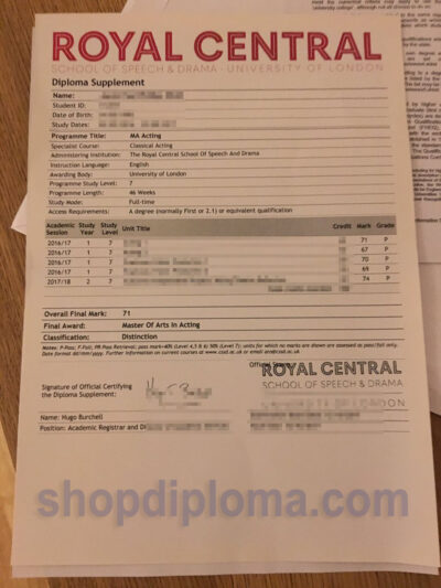 Royal Central school of speech and drama University of london diploma supplement and transcript