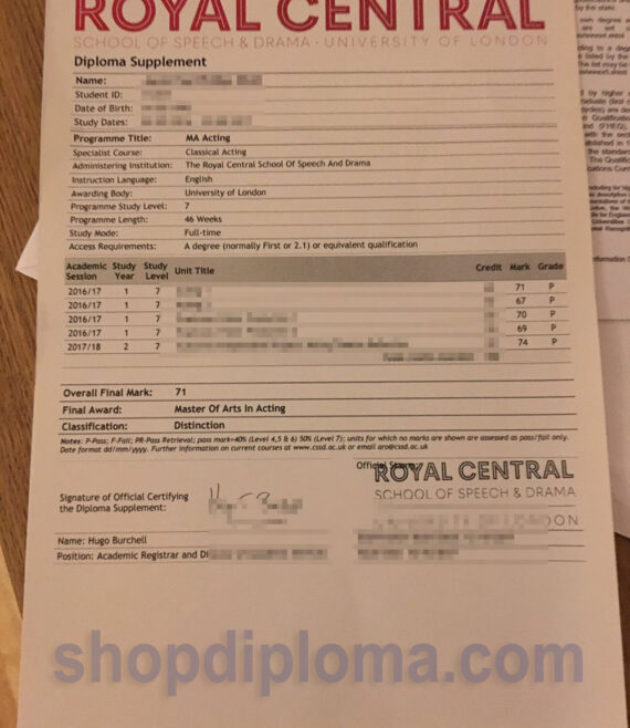 Royal Central school of speech and drama University of london diploma supplement and transcript