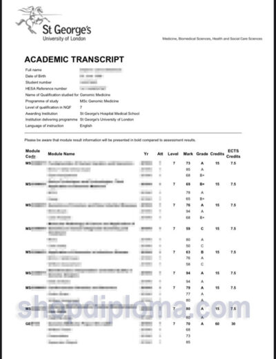 St George's University of London academic transcript
