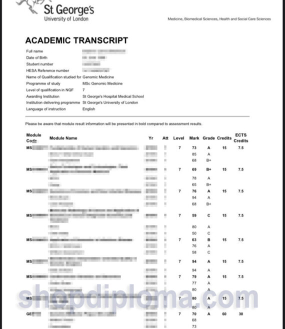 St George's University of London academic transcript