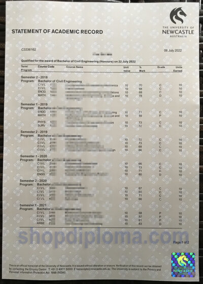 The University of Newcastle Australia Statement Of Academic Record