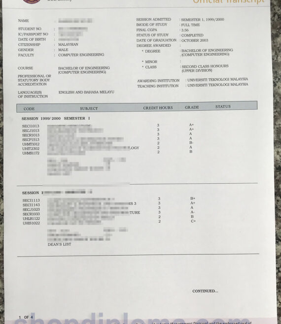 UTM (Universiti Teknologi Malaysia) Official Transcript