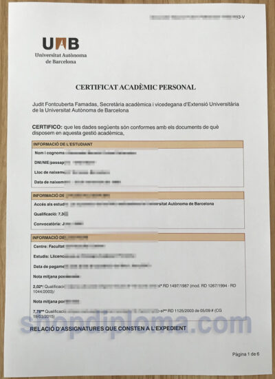 Universitat Autonoma de Barcelona(UAB) Certificat Academic Personal