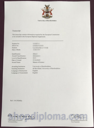 University of Hertfordshire Master of Science Transcript