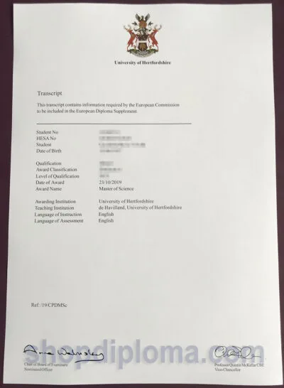 University of Hertfordshire Master of Science Transcript