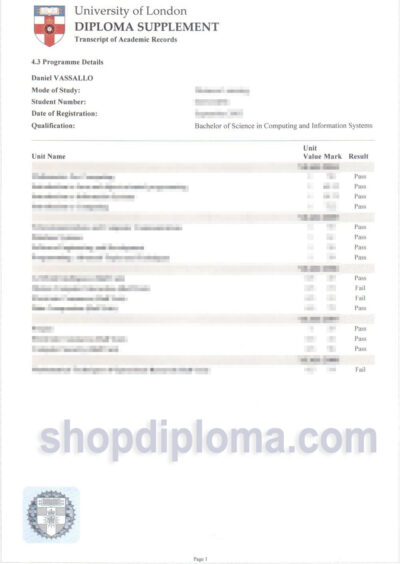 University of London transcript of academic records