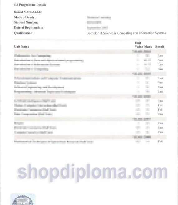 University of London transcript of academic records