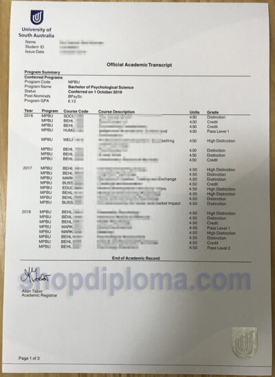 University of South Australia Official Academic Transcript