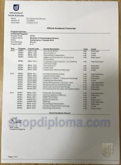 University of South Australia Official Academic Transcript