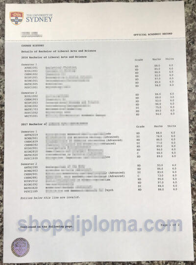 University of Sydney Bachelor Official Academic Record