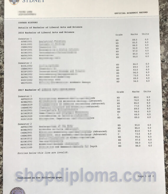 University of Sydney Bachelor Official Academic Record