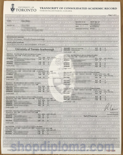 University of Toronto Bachelor of Arts transcript