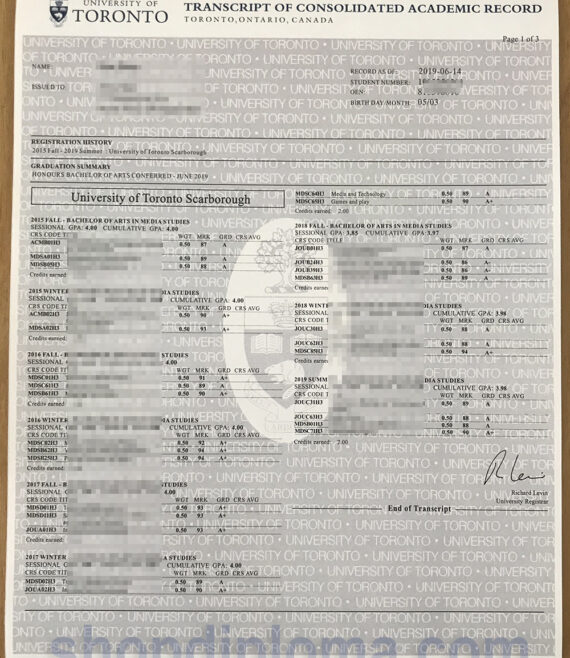 University of Toronto Bachelor of Arts transcript