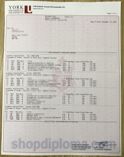The York University Bachelor of Arts in Computer Science Transcript