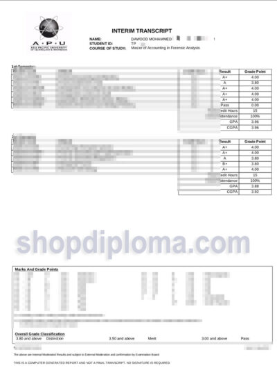 Asia Pacific University（APU）interim transcript