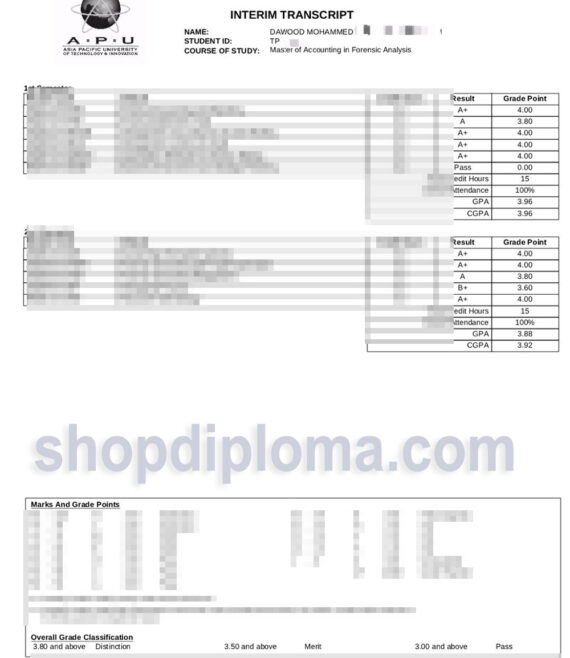 Asia Pacific University（APU）interim transcript