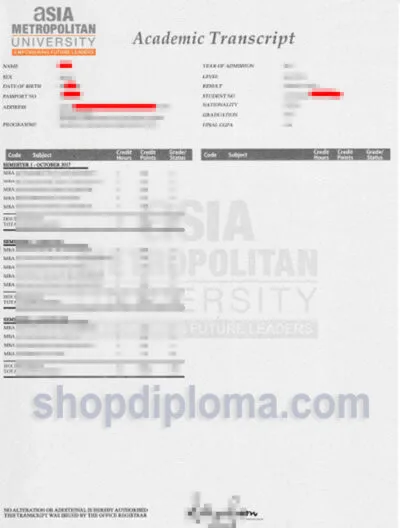 Asia metropolitan university academic transcript