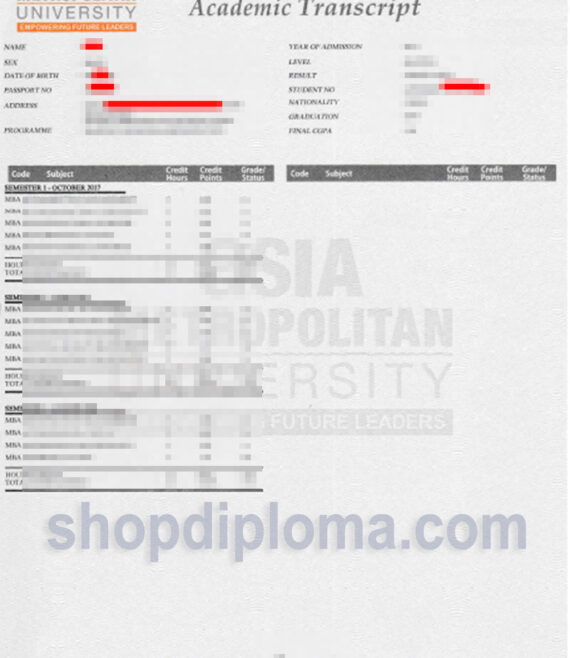 Asia metropolitan university academic transcript