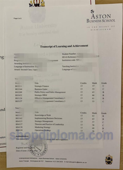 Aston University transcript of learning and achievement