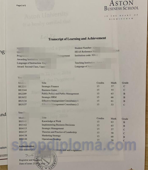 Aston University transcript of learning and achievement