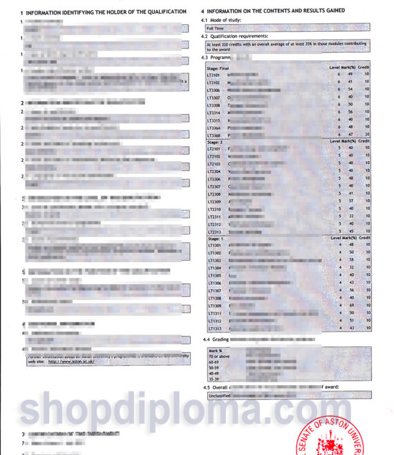 Aston university diploma supplement ands transcript