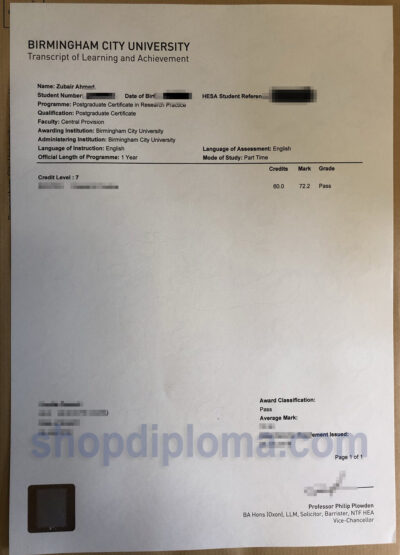 Birmingham city university transcipt of learning and achievement