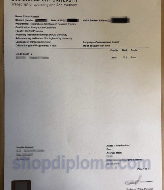 Birmingham city university transcipt of learning and achievement