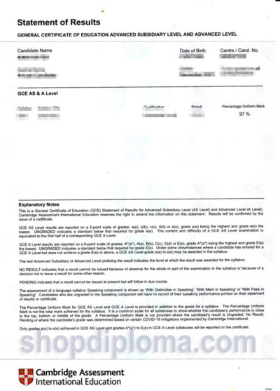Cambridge assessment international education GCE transcript