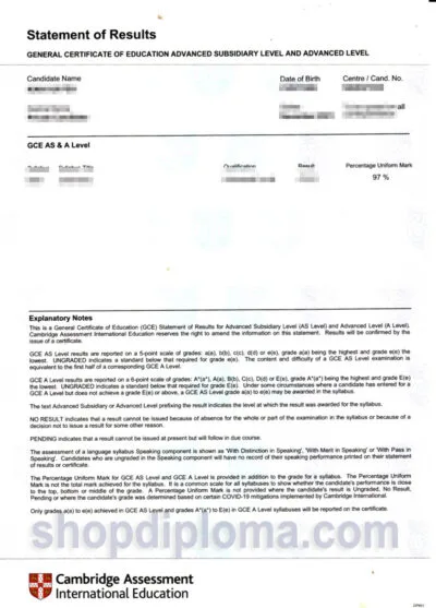 Cambridge assessment international education GCE transcript