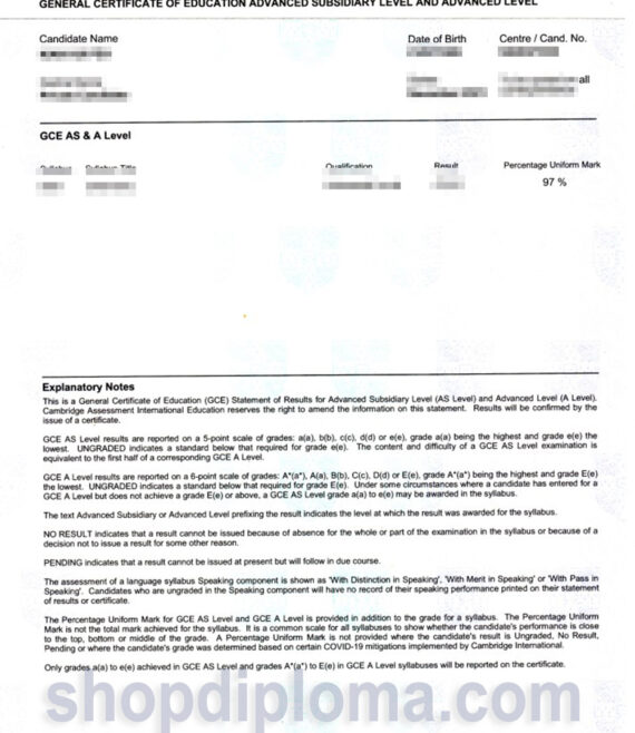 Cambridge assessment international education GCE transcript