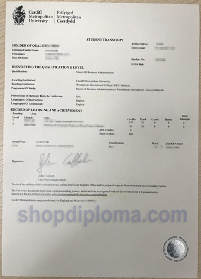 Cardiff Metropolitan University student transcript