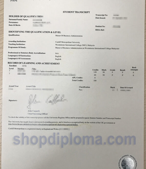 Cardiff Metropolitan University student transcript