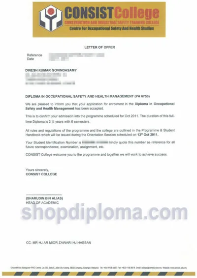 Consist College construction and industriac safety training college diploma in occupational safety and health managment