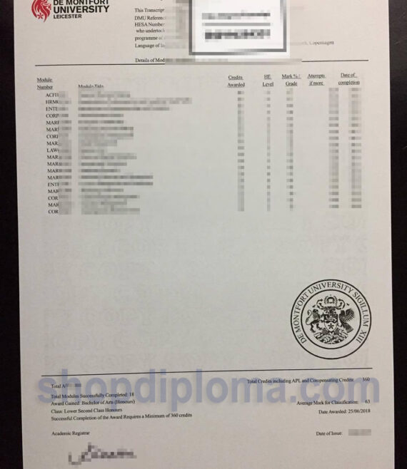De Montfort University DMU transcript