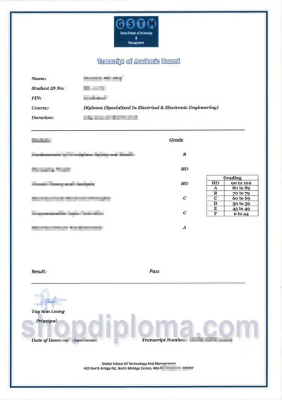 Global School of Technology and Management(GSTM) transcript of academic record
