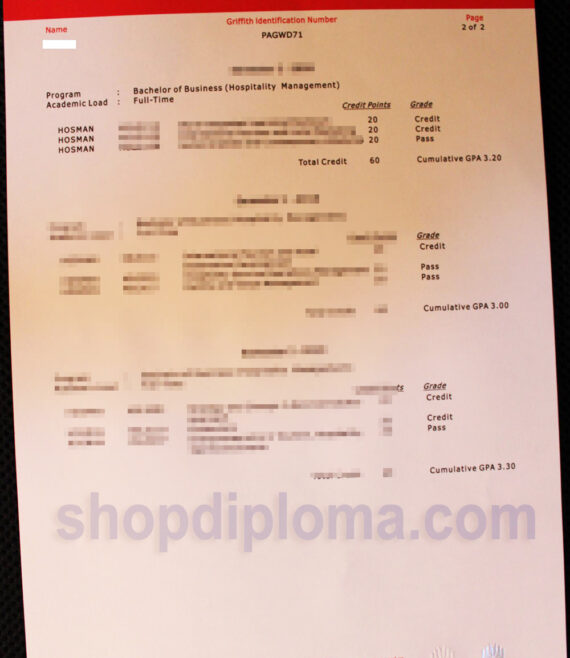 Griffith University academic transcript