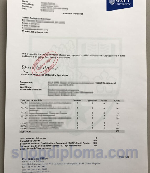 Heriot watt university academic transcript