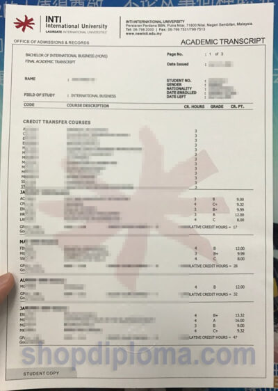 INTI internation university academic transcript