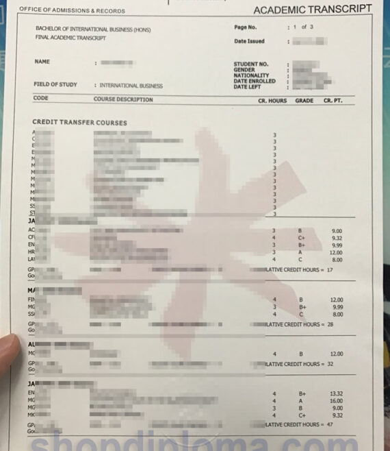 INTI internation university academic transcript