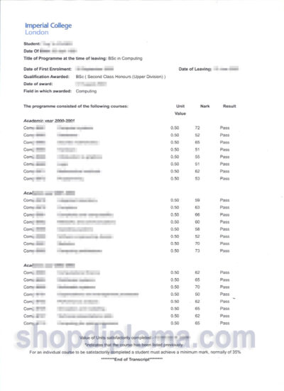 Imperial College London bsc in compuing of transcript
