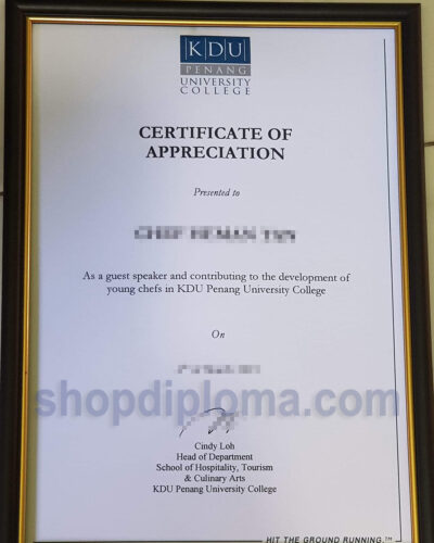 KDU University college certificate of appreciation