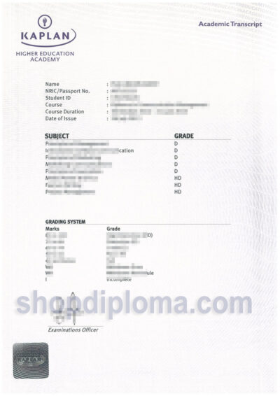 Kaplan Singapore HIGHER EDUCATION ACADEMY academic transcript